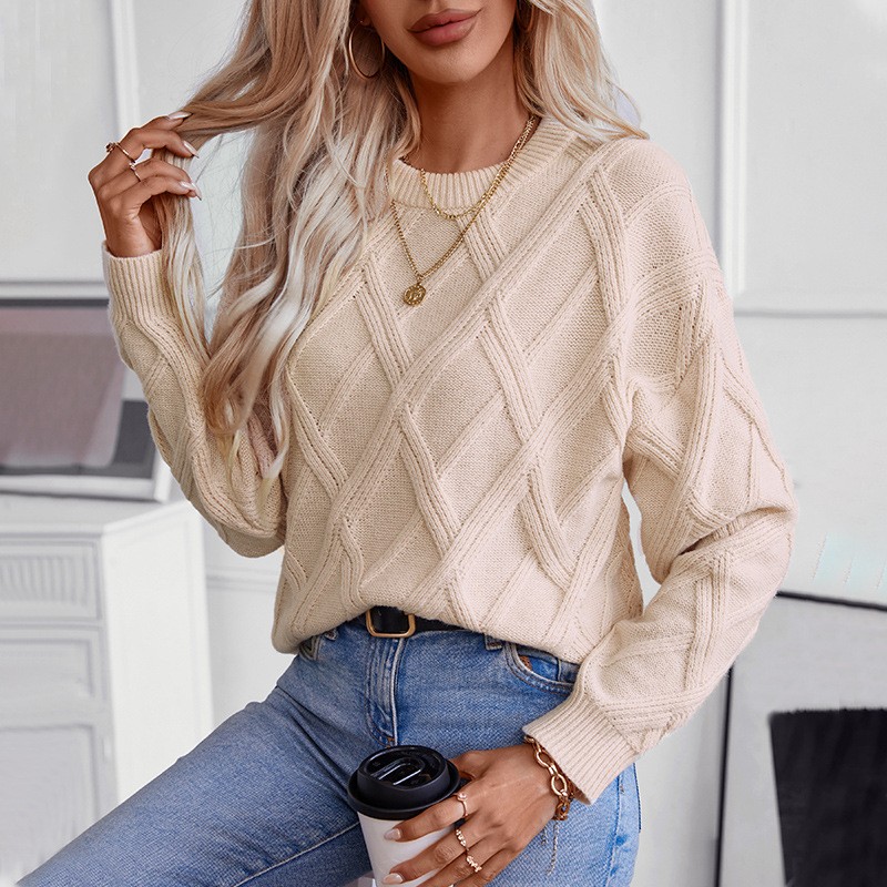 毛毛雨秋冬新款菱形套头毛衣女宽松圆领欧美跨境针织女装上衣