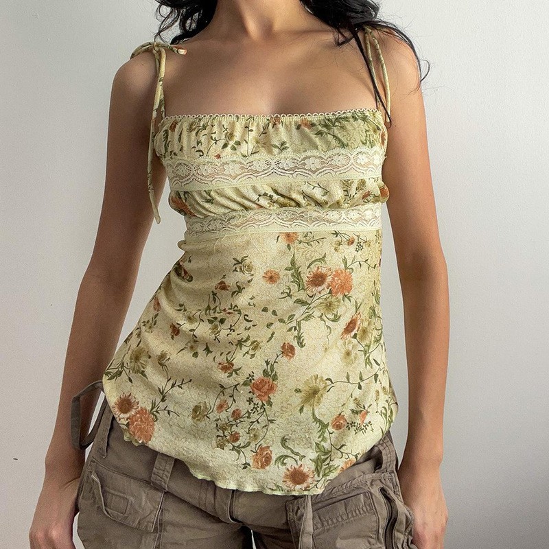 美式复古做旧植物花卉印花吊带小背心夏季亚文化时尚新款上衣