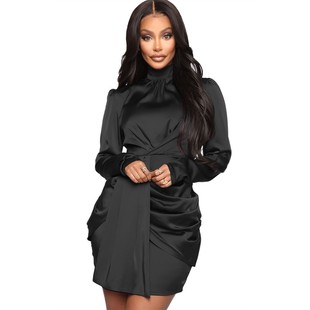 性感长袖 亚马逊欧美女装 高领女士连衣裙缎面短裙 新品 跨境夏季