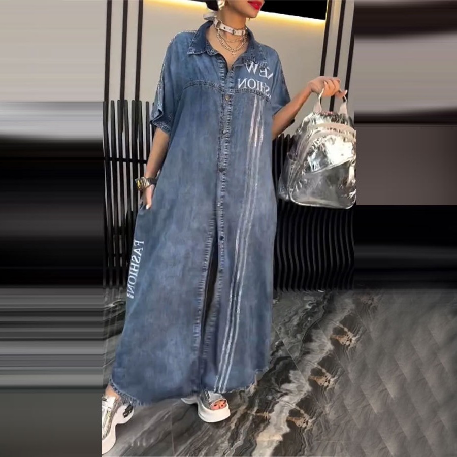 新款亚马逊爆款欧美外贸女装休闲连衣裙字母印花翻领开衫长裙