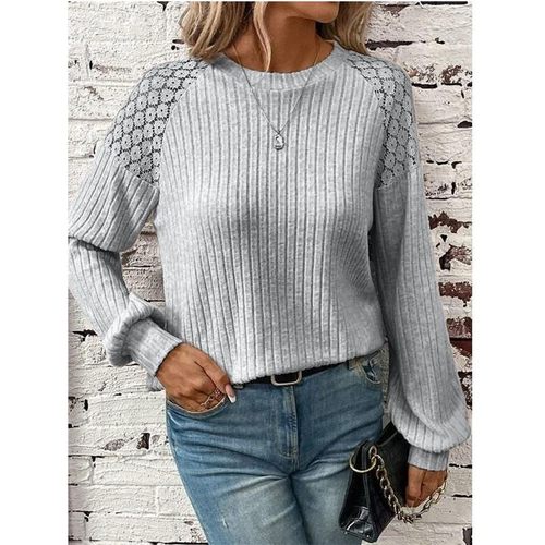 跨境欧美秋季新款舒适休闲蕾丝拼接纯色套头长袖上衣恤女