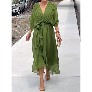 不规则连衣裙大码 跨境亚马逊纯色系带长裙蝙蝠袖 欧美女装 新款