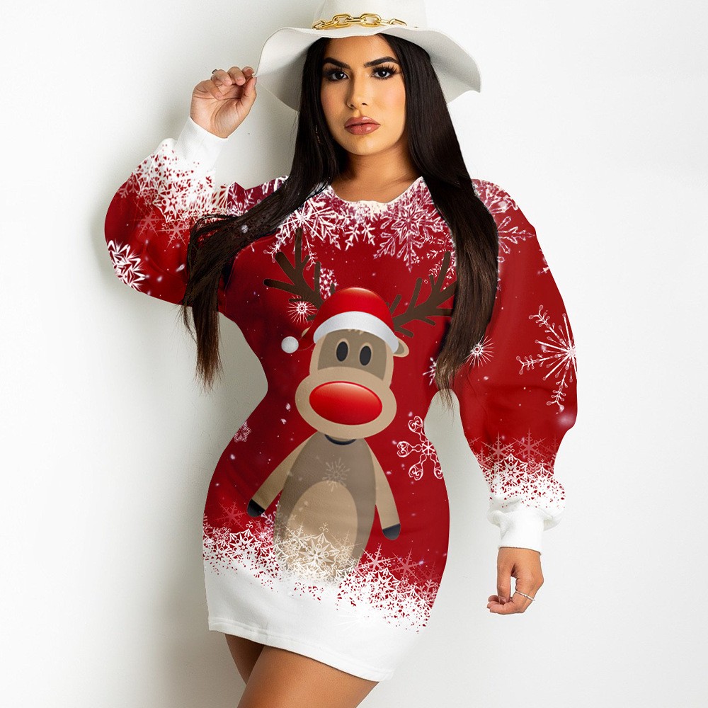 欧美女装长袖圣诞连衣裙包臀跨境外贸独立站亚马逊