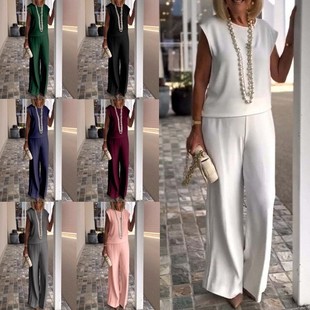 跨境女装 两件套套装 气质优雅新款 复古欧美风时尚 女 无袖 春夏季