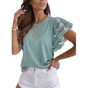 上衣轻质宽松衬衫 恤纯色钩针飘逸衬衫 休闲圆领喇叭袖 女式