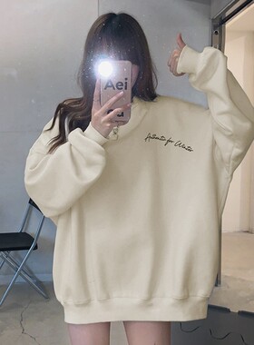 中长款加绒加厚无帽卫衣女秋冬宽松欧美慵懒风百搭上衣外套