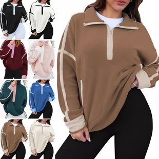 立领套头衫 长袖 休闲拼色上衣带口袋 连帽衫 亚马逊女士拉链运动衫