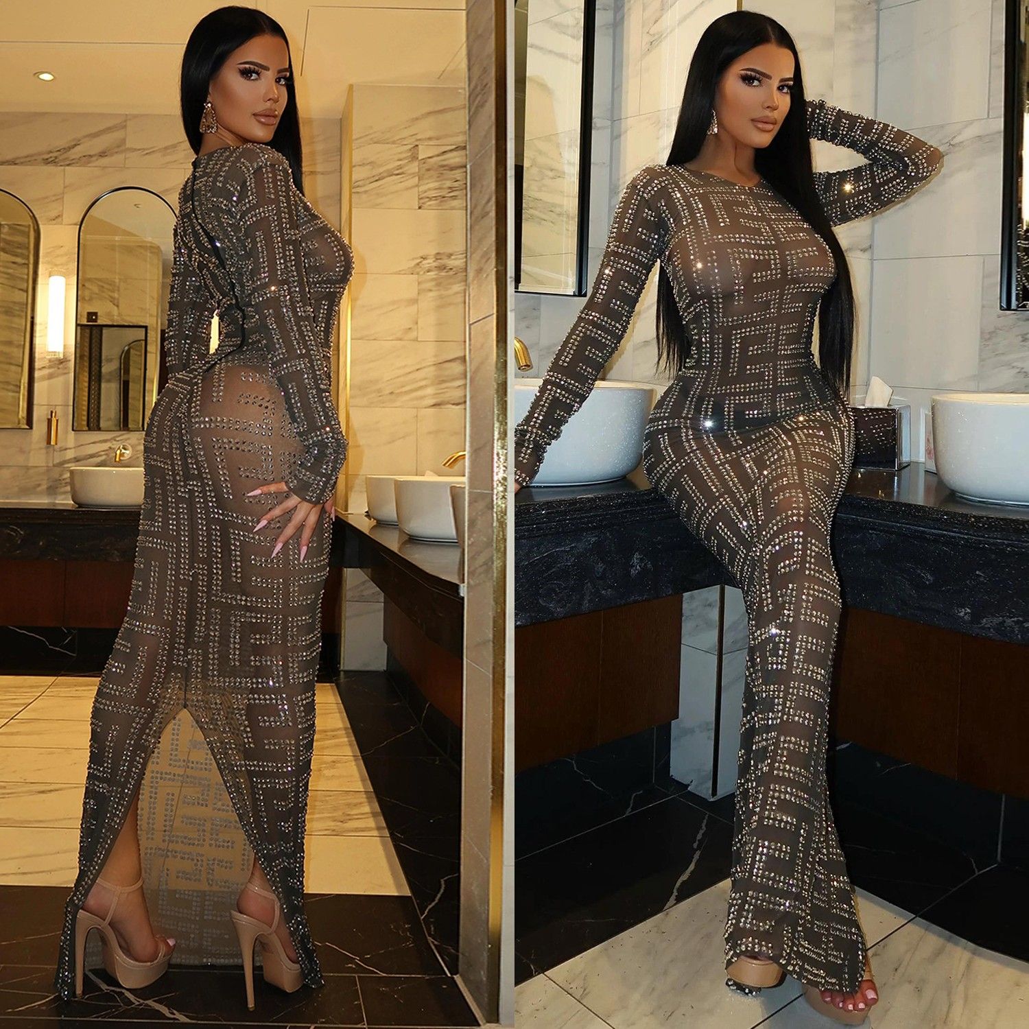 跨境亚马逊欧美女装时尚性感网纱夜店烫钻长袖女士连衣裙