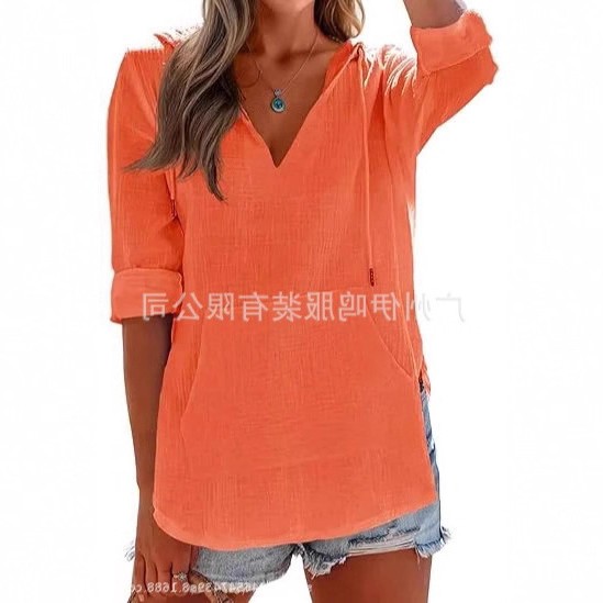 跨境欧美春夏新款沙滩罩衫连帽衫运动长袖领口袋连帽衬衫女