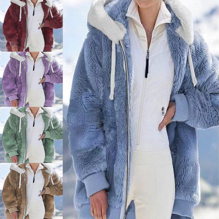 现货独立站亚马逊热卖新款秋冬宽松毛绒拉链连帽外套女
