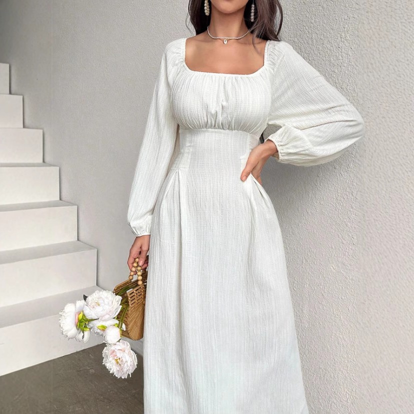 亚马逊欧美女装新款方领收腰显瘦字裙气质长袖连衣裙