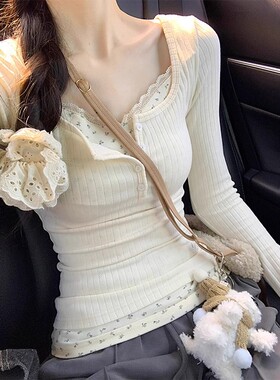 外贸碎花假两件长袖恤女春秋修身短款打底衫内搭蕾丝边上衣