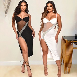 时尚 亚马逊欧美女装 性感吊带烫钻开叉连衣裙女 新品 跨境夏季