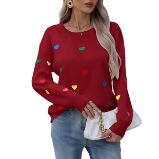 秋冬跨境欧美外贸亚马逊针织时尚 圆领套头毛衣女 彩色爱心提花长袖