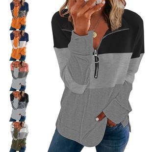 秋冬新款 外贸卫衣女亚马逊跨境宽松百搭豹纹上衣 欧美拼色长袖