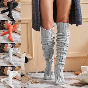 亚马逊速卖通欧美秋冬针织提花长筒袜过膝袜地板袜堆堆袜女