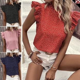 上衣 印花清新甜美衬衫 跨境欧美外贸女装 荷叶边圆点袖