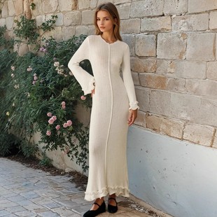 连衣裙 褶皱波浪边露背系带长袖 跨境欧美女装 速卖通爆款