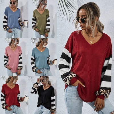 欧美亚马逊新款条纹拼接长袖恤女秋冬热销跨境女装