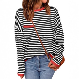 上衣女装 撞色条纹欧美跨境长袖 口袋 宽松休闲秋冬新款 亚马逊爆款