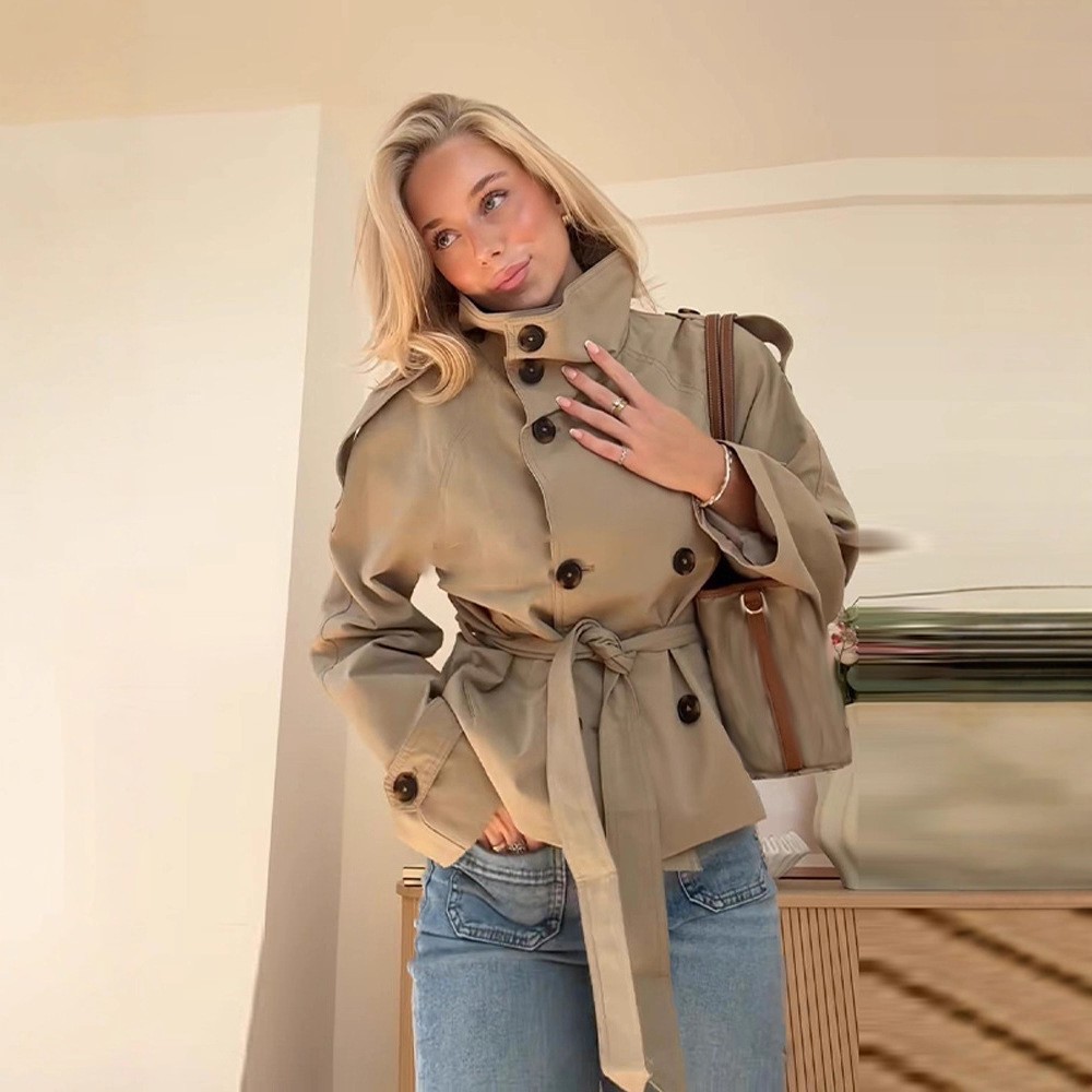 外贸新款复古翻领设计感双排扣系带百搭长袖短款风衣外套