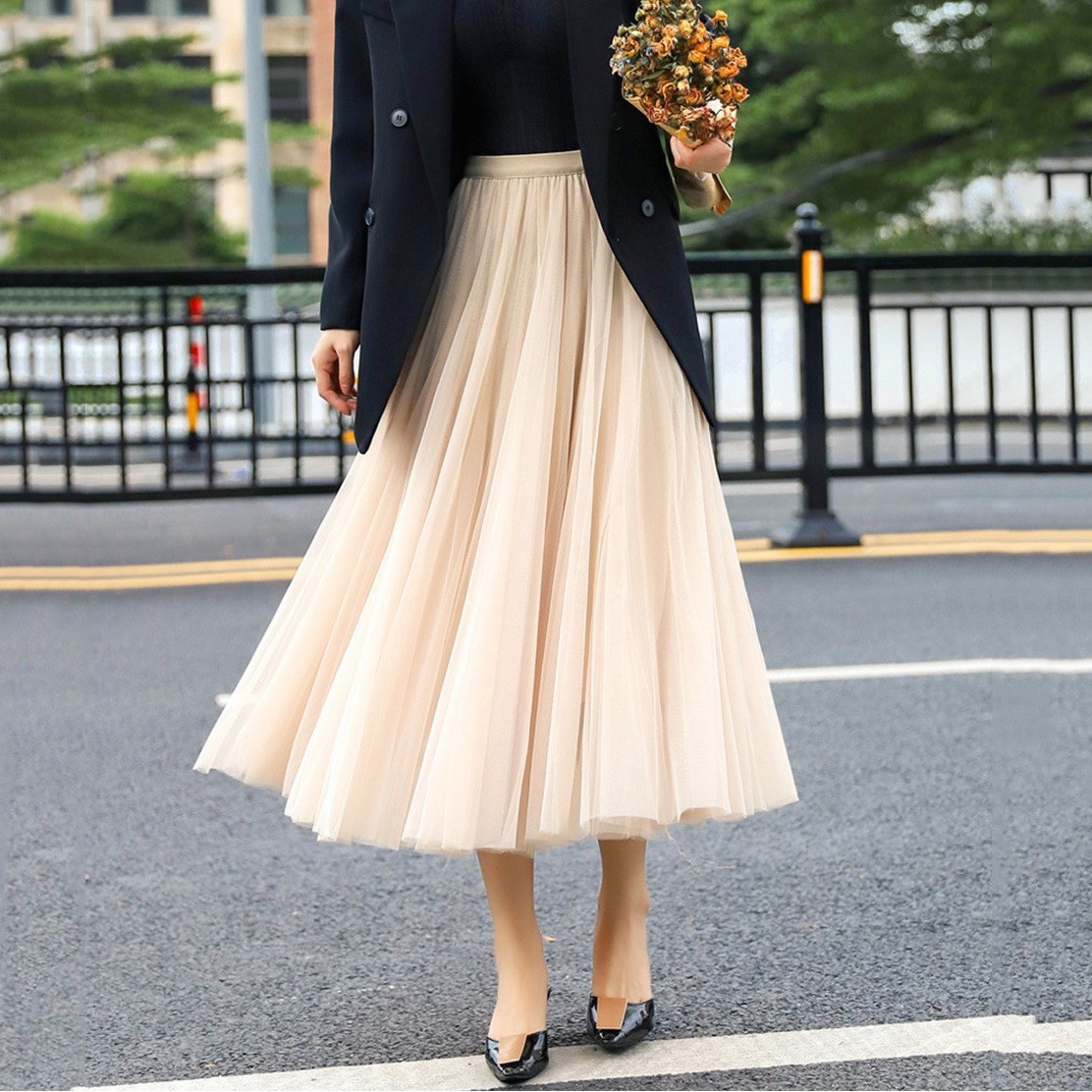 外贸女装亚马逊独立站春秋季纯色网纱半身裙松紧高腰大摆裙百褶裙