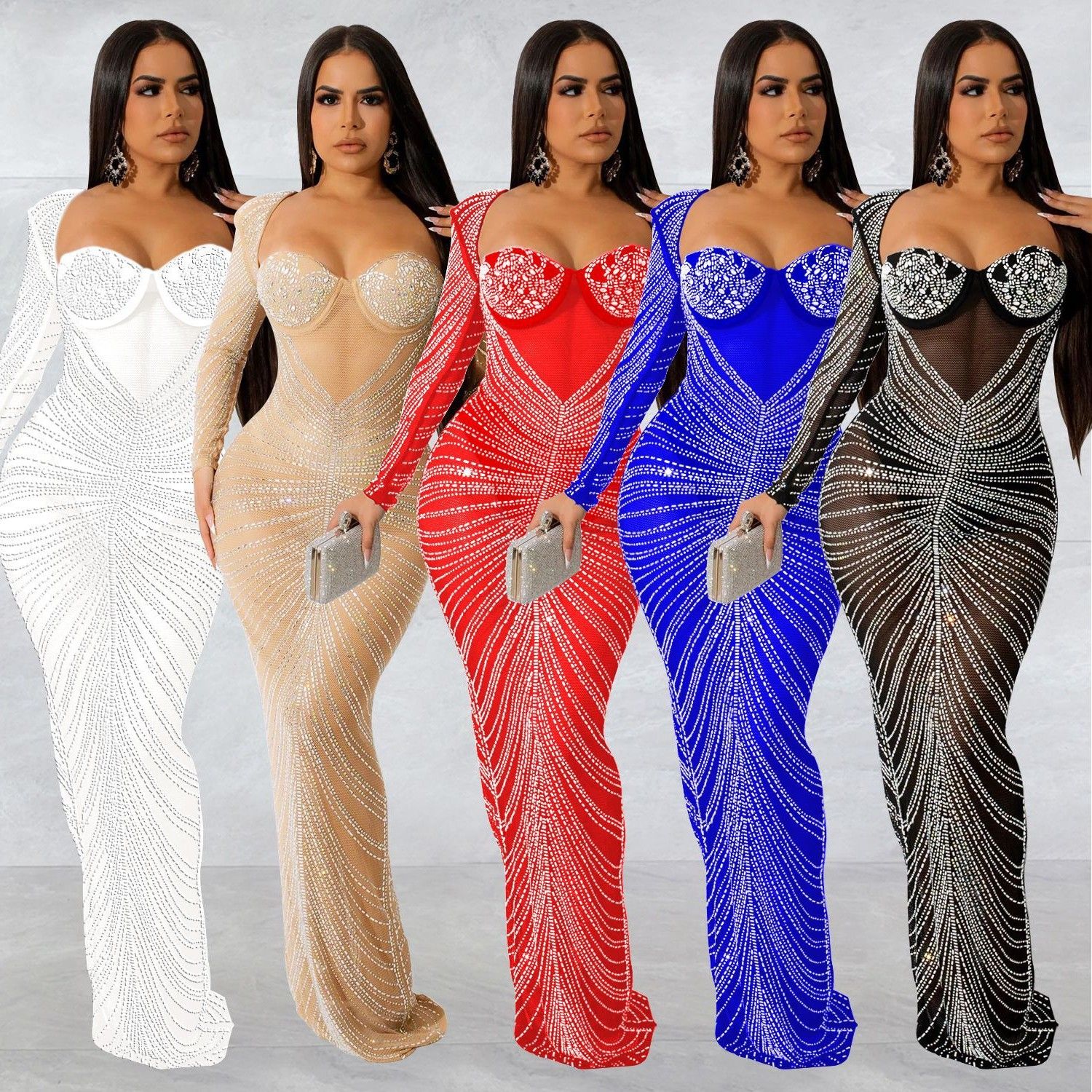 跨境速卖通亚马逊欧美时尚女装烫钻网纱透视长袖长裙连衣裙