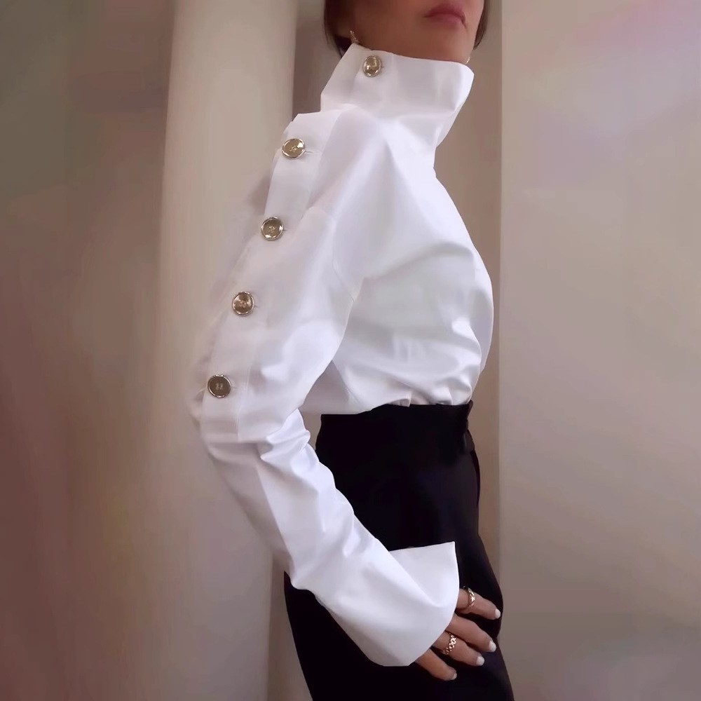 亚马逊新款跨境欧美气质名媛高领金属扣可露肩衬衫上衣女装