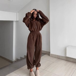 新款 女士休闲半开襟松紧腰连体套装 时尚 连体裤 长袖 欧美秋冬女装