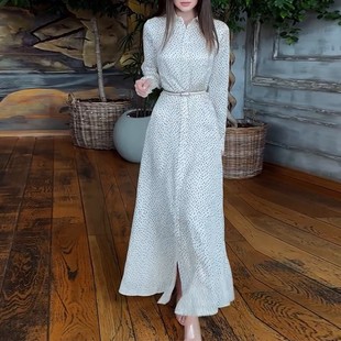 收腰碎花优雅开叉长款 长袖 连衣裙 欧美亚马逊跨境外贸女装 新款