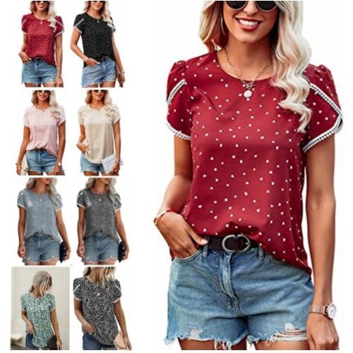 女式上衣休闲花卉印花蕾丝钩针短袖圆领夏季宽松衬衫束腰上衣