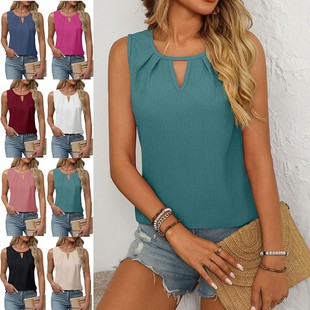 背心恤 休闲短袖 女 纯色圆领无袖 亚马逊欧美跨境外贸春夏新款