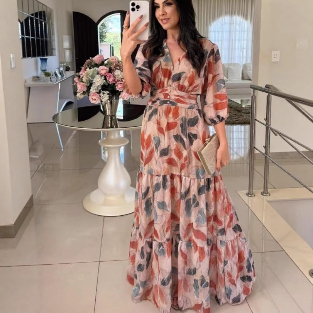 亚马逊外贸欧美女装夏季新款领时尚优雅印花长款连衣裙女