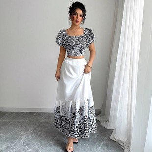 跨境外贸独立站欧美女士夏季 优雅度假风印花字裙套装