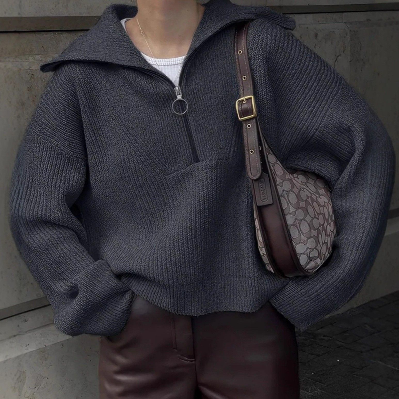 跨境亚马逊秋冬新款通勤宽松翻领拉链套头衫纯色休闲女士毛衣