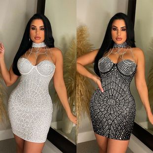 跨境秋冬新品 性感紧身裹胸流苏烫钻连衣裙女 亚马逊欧美女装