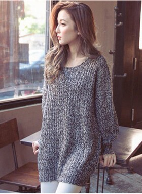 韩国外贸慵懒风中长款宽松毛衣大圆领显瘦杂色薄款针织衫外套毛衫