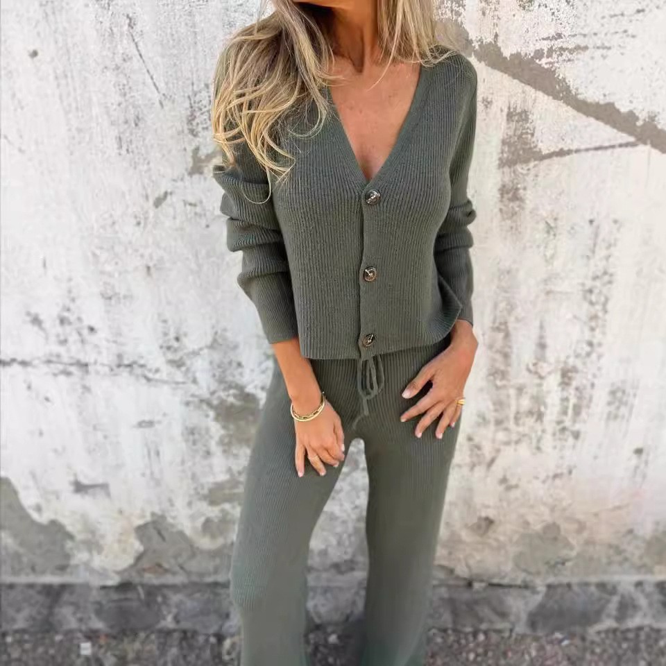 亚马逊跨境新款毛衣套装欧美长袖排扣领针织开襟衫系绳长裤