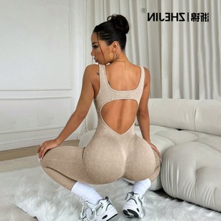 无袖 亚马逊运动瑜伽提臀连体裤 螺纹紧身健身连体瑜伽服 样品款