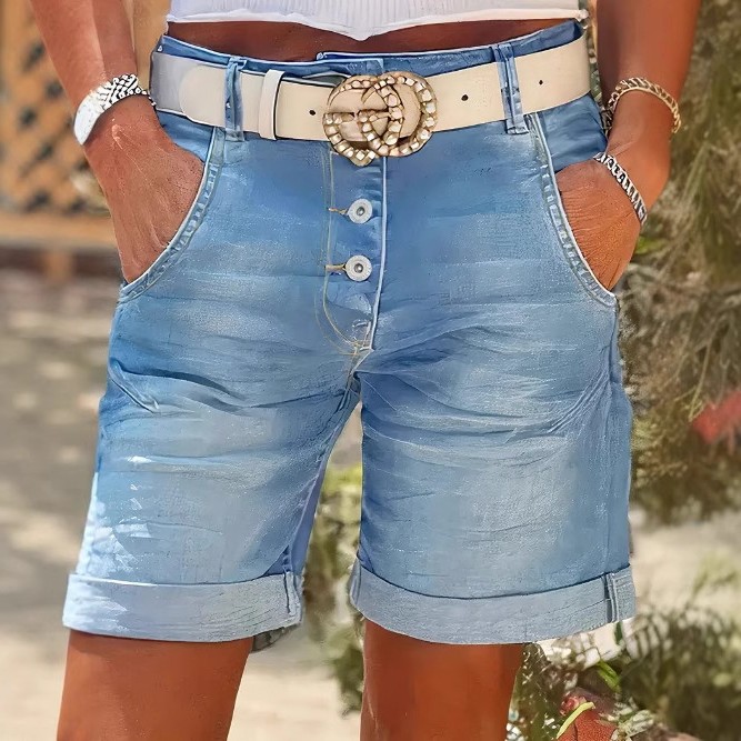 跨境夏季欧美亚马逊希音女装弹力高腰牛仔女士卷边中裤