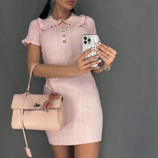 色荷叶边小香风连衣裙夏复古法式 欧美跨境赫本风紧身针织裙