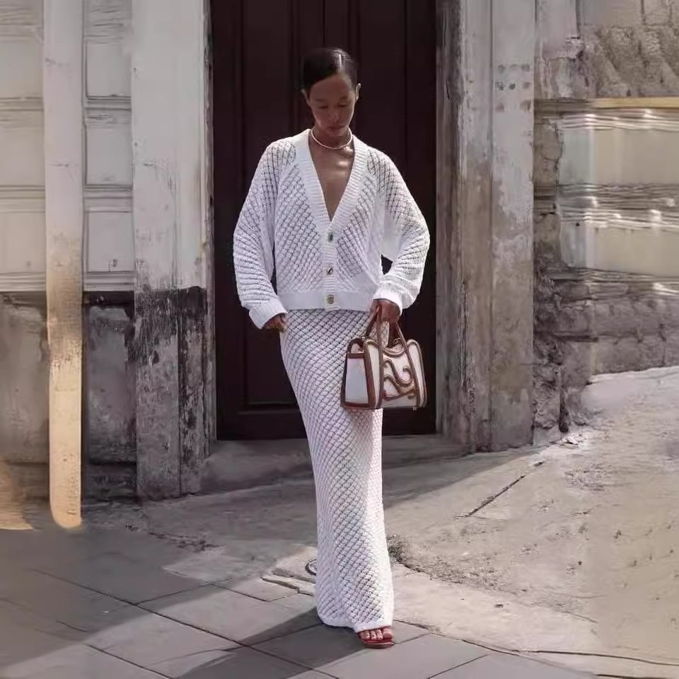 纯白色镂空开衫连衣裙欧美女装新款长裙两件套