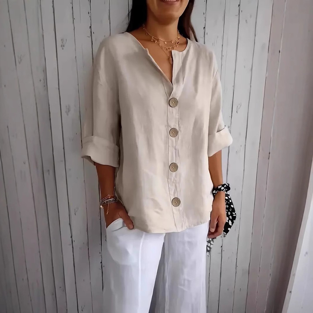 亚马逊跨境欧美夏季新款宽松恤衫女士领棉麻纽扣上衣