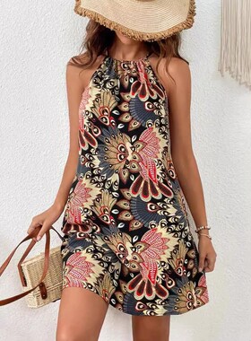 亚马逊新款 欧美女装印花吊带连衣裙