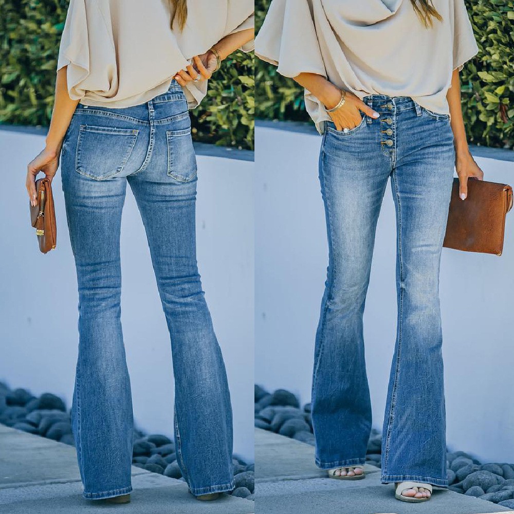 跨境独立站春秋季新款长裤修身显瘦多纽扣微喇裤水洗女牛仔裤