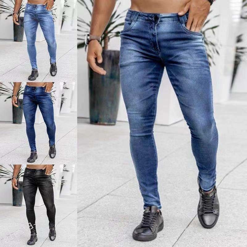 欧美速卖通新款牛仔男裤跨境潮流黑色修身高腰牛仔小脚裤男