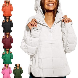 跨境亚马逊秋冬款 外套女 纯色连帽棉服可折叠填充套头口袋长袖
