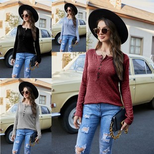 恤女 胸前扣子休闲长袖 欧美外贸跨境新款 亚马逊爆品秋冬女装