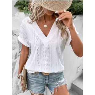 跨境亚马逊女装 恤女 领宽松上衣气质通勤短袖