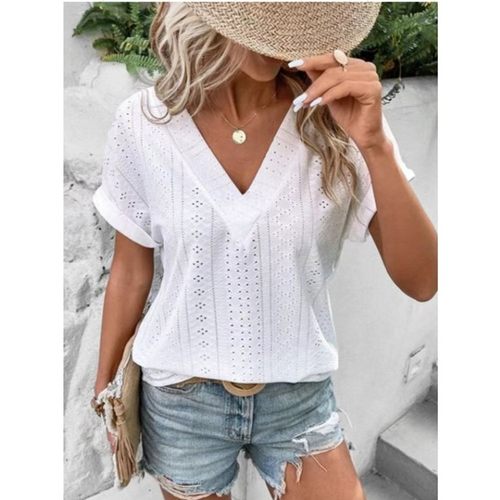 跨境亚马逊女装领宽松上衣气质通勤短袖恤女